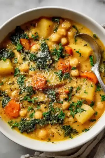 Delicious hearty soup with chickpeas, potatoes, carrots, kale, and herbs in a flavorful broth. Perfect for healthy, comforting meals.