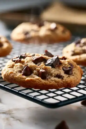 Freshly baked chocolate chip cookies cooling on a wire rack.
