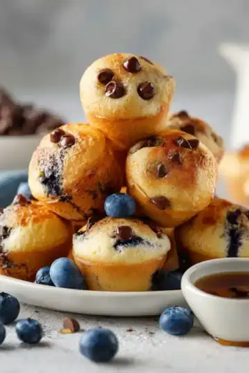 Freshly baked blueberry muffins with cream cheese, topped with chocolate chips and served with syrup.
